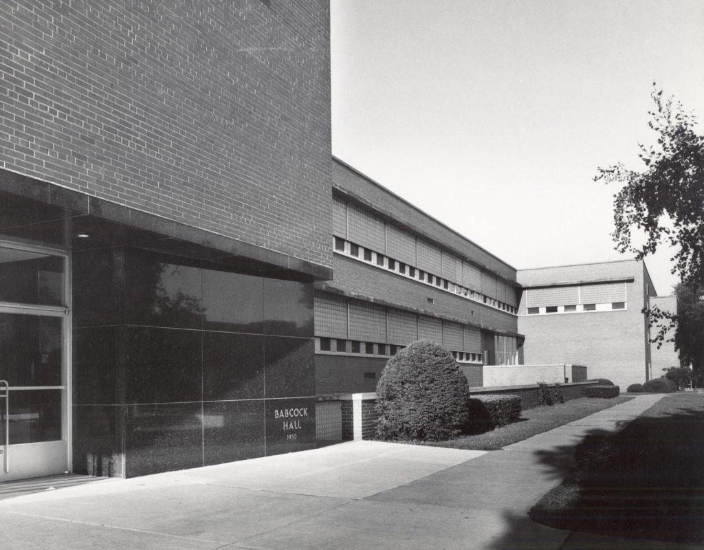 Black and white photo of the "modern" Babcock Hall