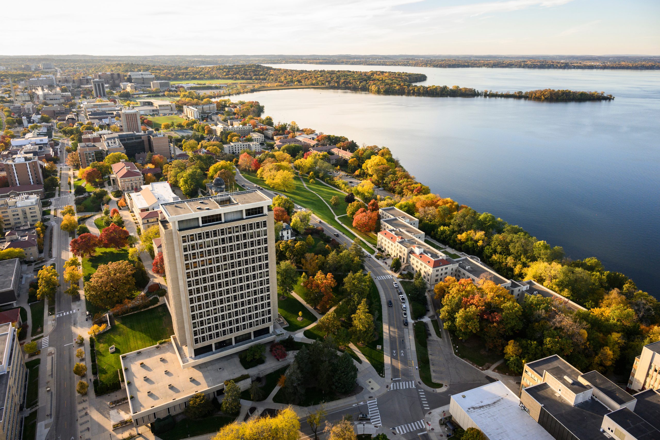 aerial view of UW–Madison campus with lake on right